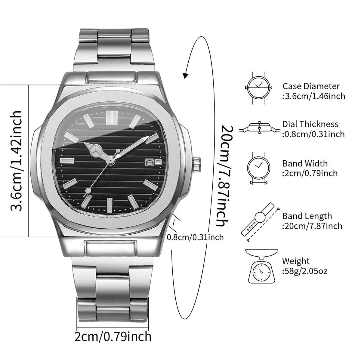 Fashion Square Men Business Watches Luxury Stainless Steel Strap Quartz Watch with Calendar For Mens Clock(Without Box)