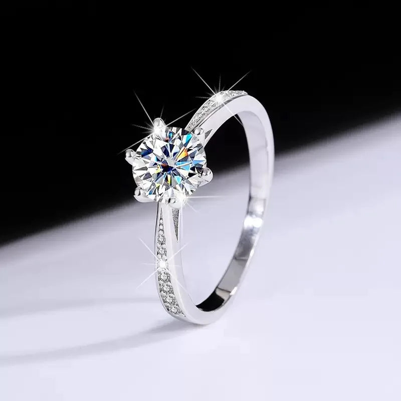 Real Moissanite 6 Prong Ring D Color Pure 925 Sterling Silver Single Row Ring for Women Wedding Fine Jewelry