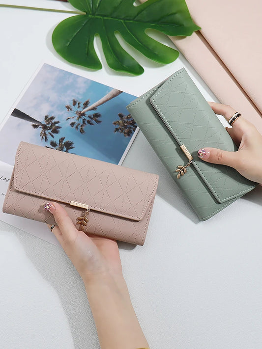 2024 summer new Korean version of high texture PU Diamond lattice personality leaf pendant three fold bag multi-card can be expa