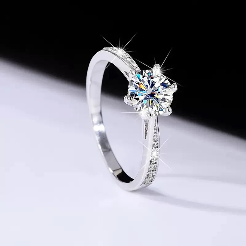 Real Moissanite 6 Prong Ring D Color Pure 925 Sterling Silver Single Row Ring for Women Wedding Fine Jewelry