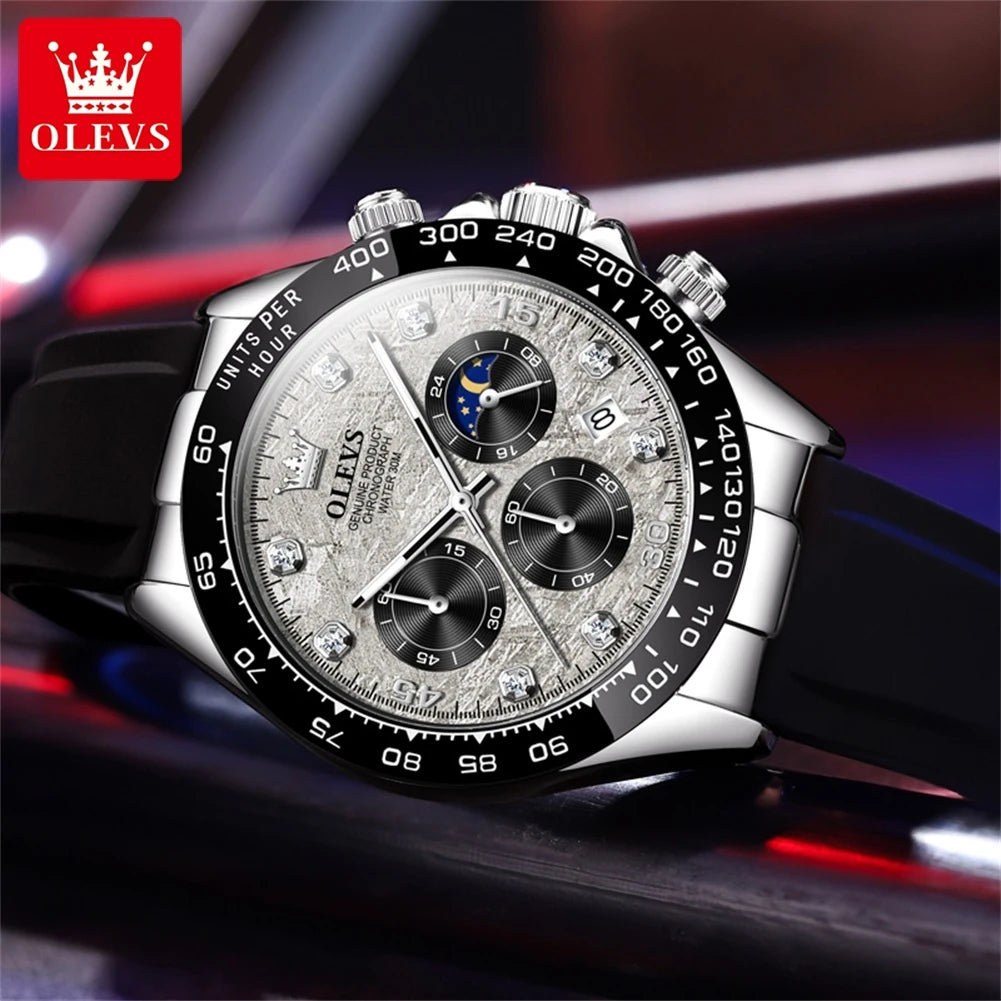 OLEVS 2875 Original Luxury Brand Men's Watches Comfortable Silicone Strap Chronograph Waterproof Moon Phase Quartz Watch for Men
