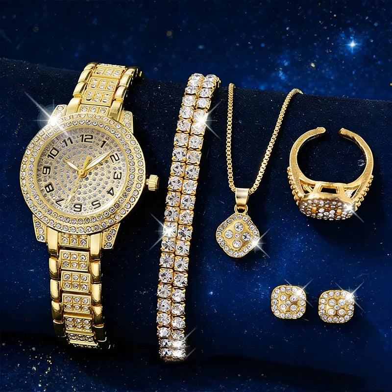 Luxury Women Gold Watch Fashion Ladies Quartz Diamond Wristwatch Elegant Female Bracelet Watches Set Reloj Mujer