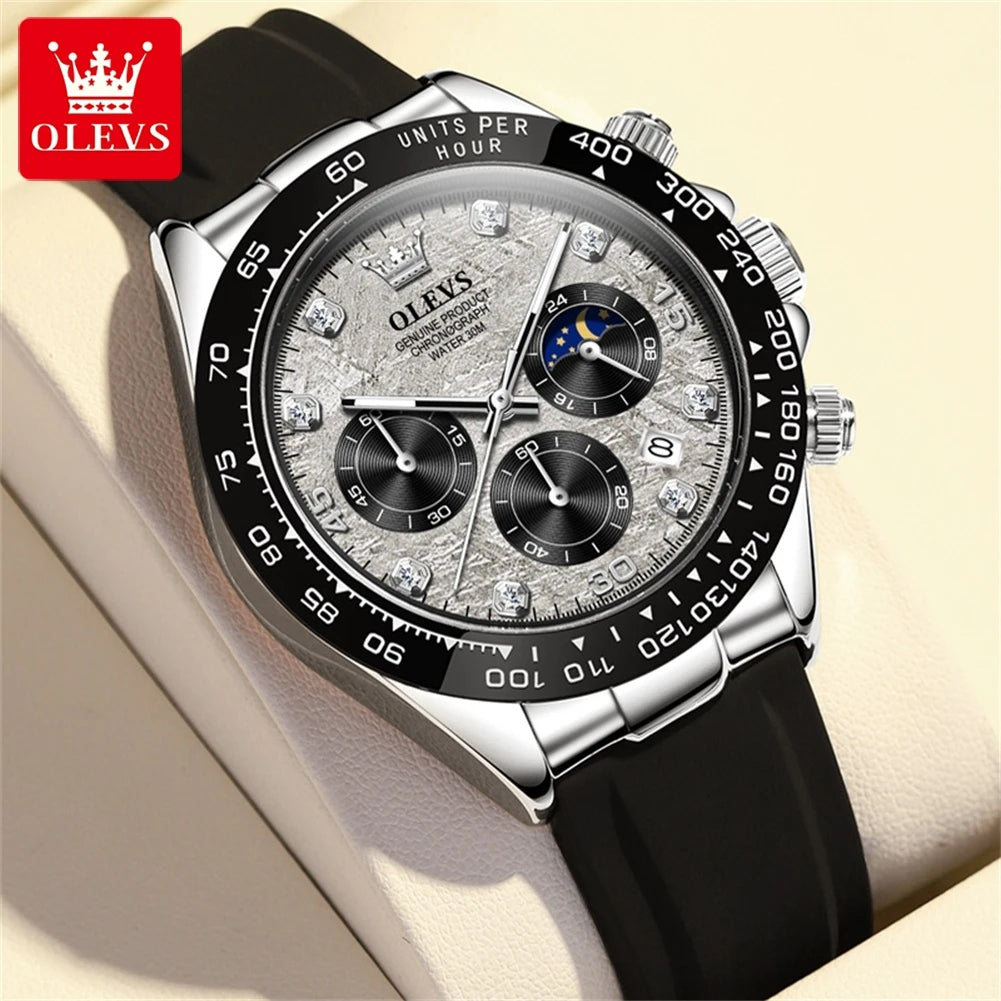 OLEVS 2875 Original Luxury Brand Men's Watches Comfortable Silicone Strap Chronograph Waterproof Moon Phase Quartz Watch for Men