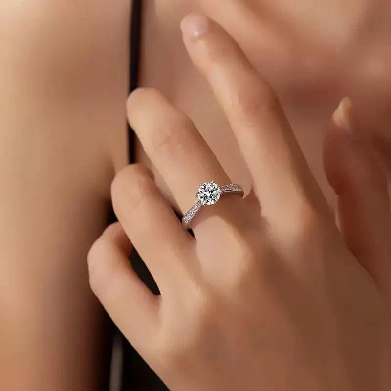 Real Moissanite 6 Prong Ring D Color Pure 925 Sterling Silver Single Row Ring for Women Wedding Fine Jewelry