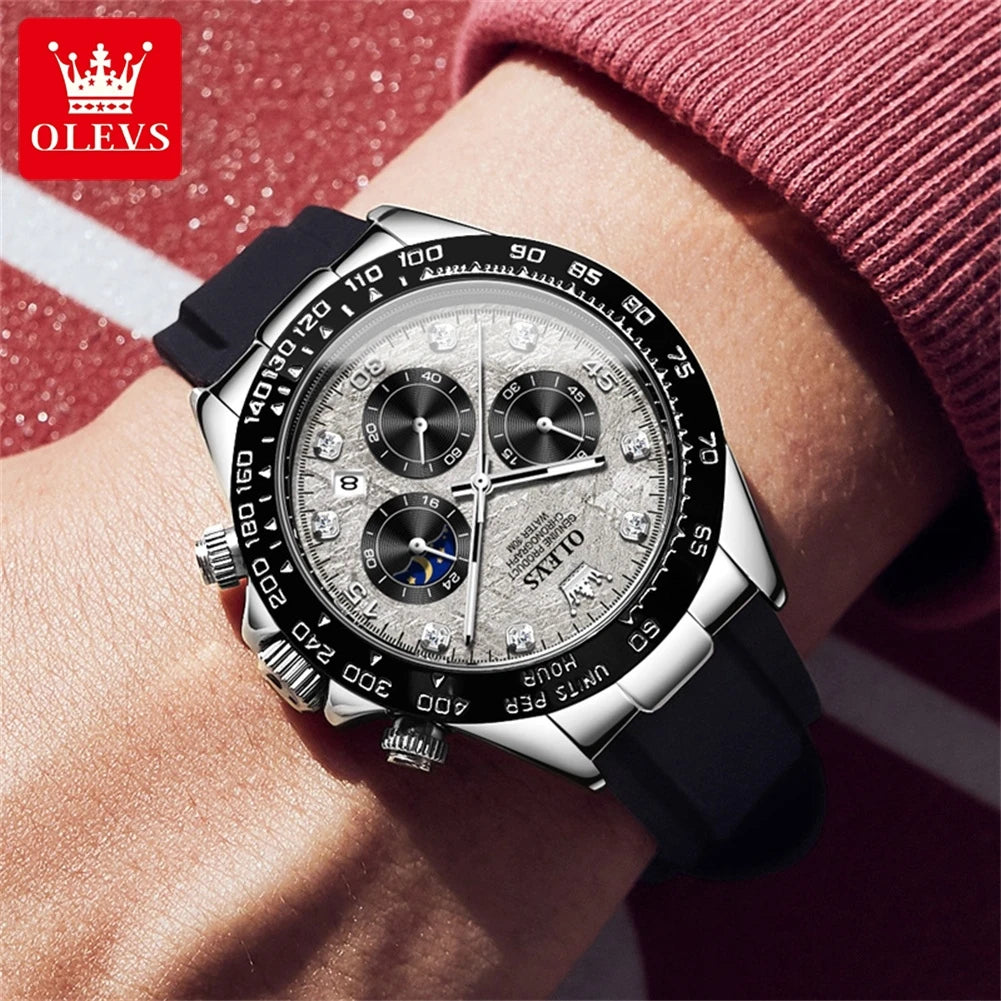 OLEVS 2875 Original Luxury Brand Men's Watches Comfortable Silicone Strap Chronograph Waterproof Moon Phase Quartz Watch for Men