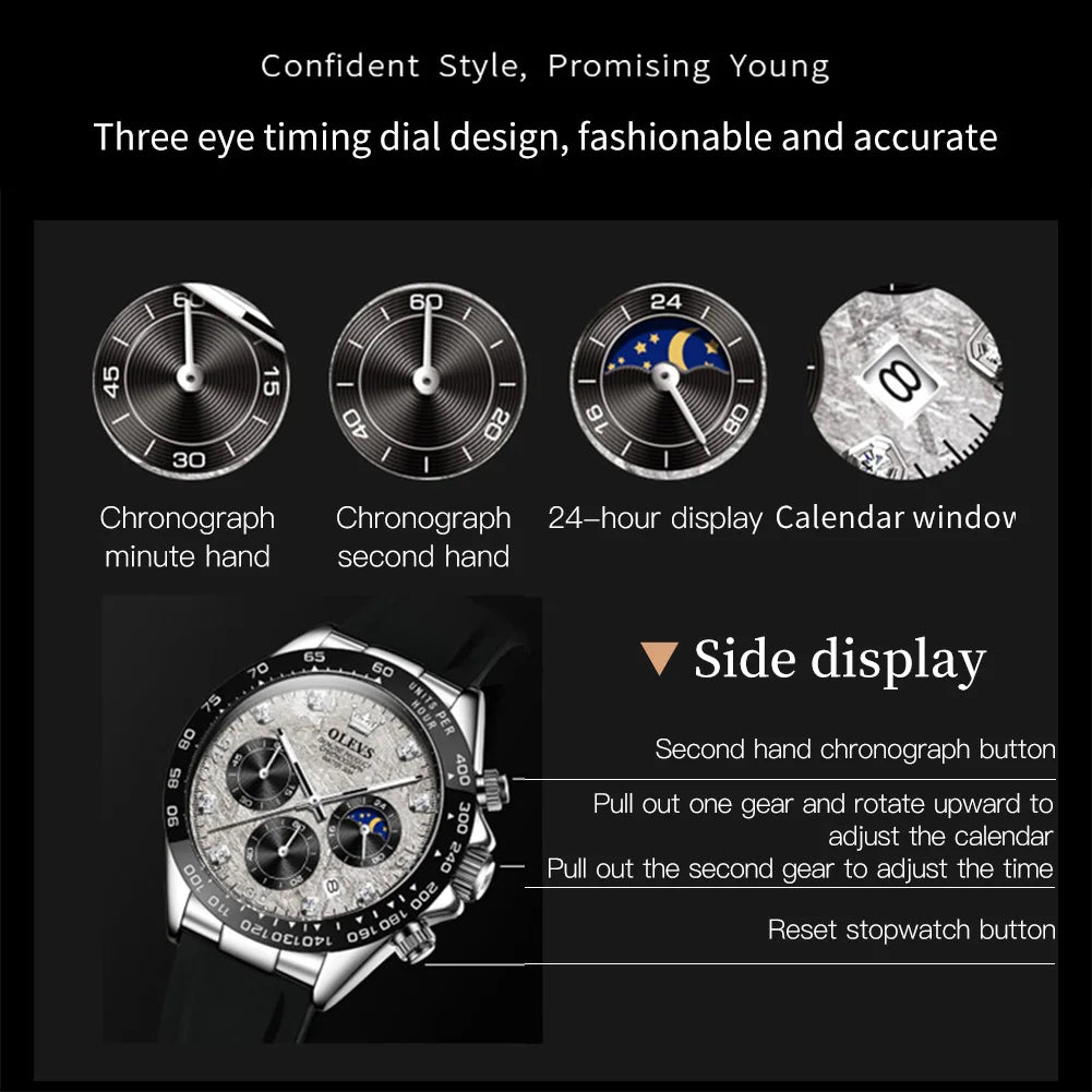OLEVS 2875 Original Luxury Brand Men's Watches Comfortable Silicone Strap Chronograph Waterproof Moon Phase Quartz Watch for Men
