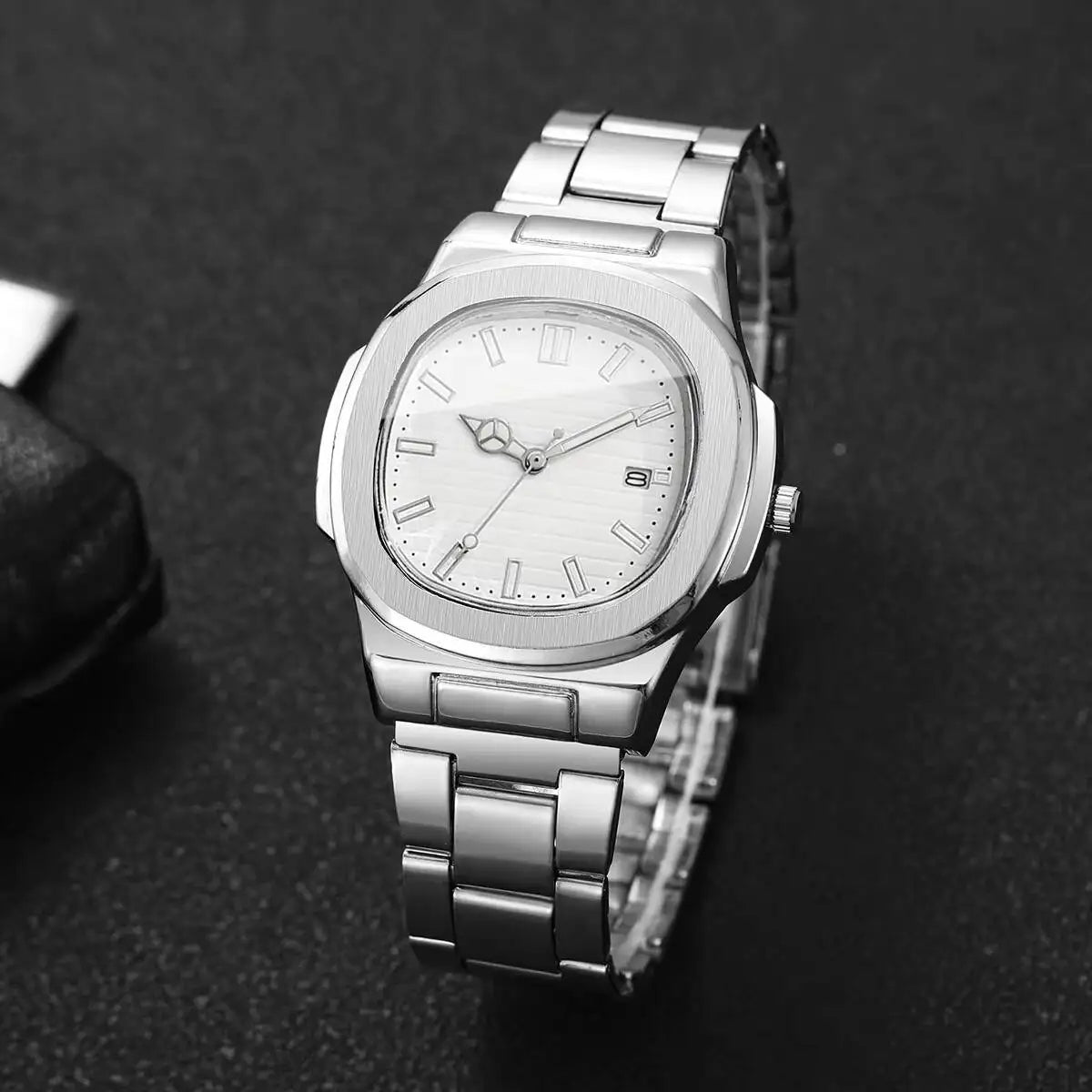 Fashion Square Men Business Watches Luxury Stainless Steel Strap Quartz Watch with Calendar For Mens Clock（Without Box）