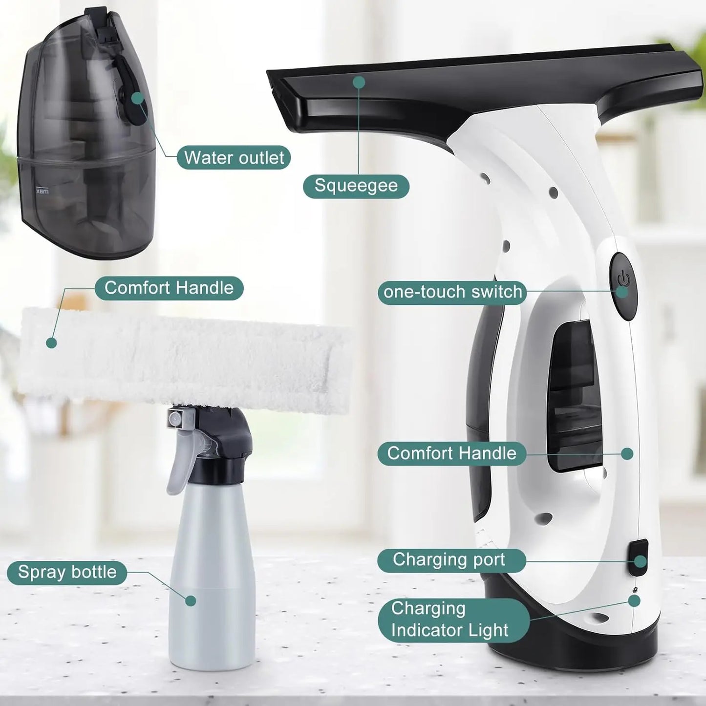 Cordless Window Vacuum Cleaner Rechargeable Windown Spray Cleaning Tool Set with Squeegee Blade for Mirror Glass Countertop Tile