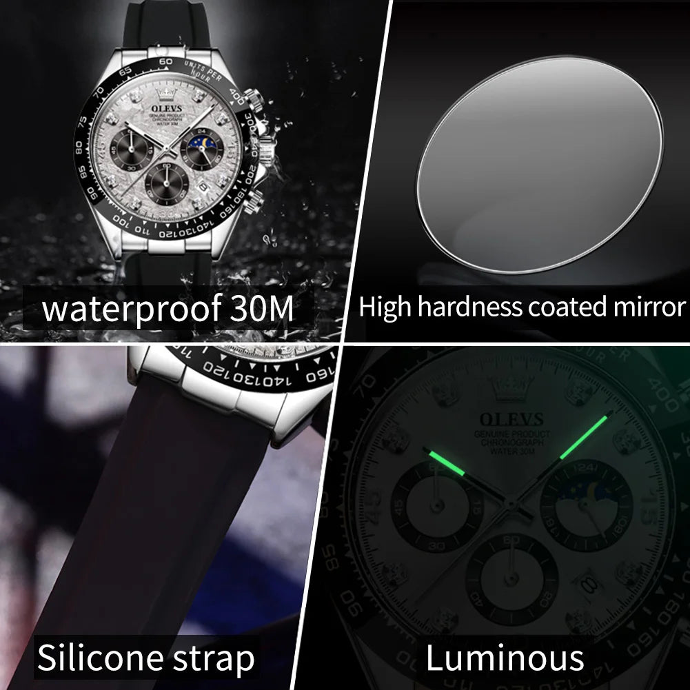 OLEVS 2875 Original Luxury Brand Men's Watches Comfortable Silicone Strap Chronograph Waterproof Moon Phase Quartz Watch for Men