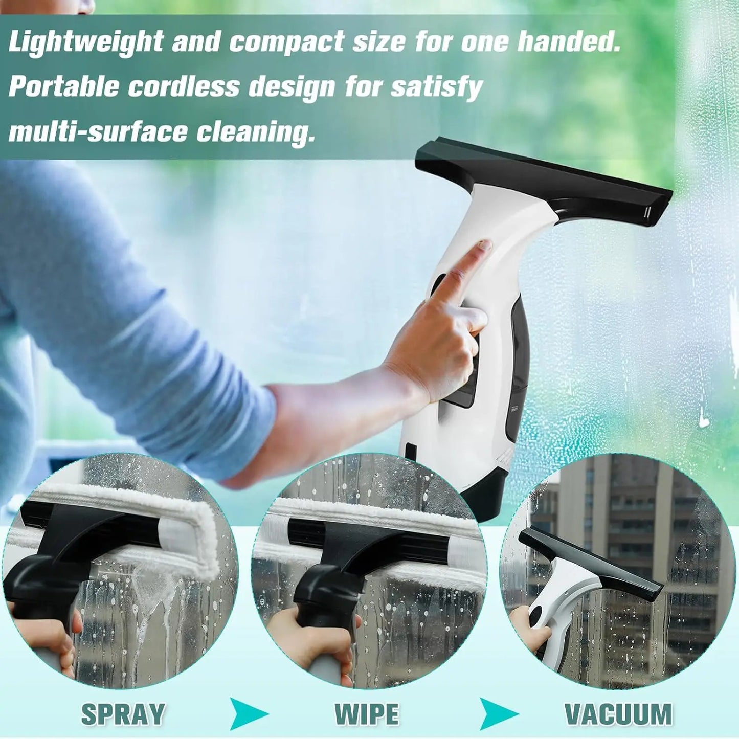 Cordless Window Vacuum Cleaner Rechargeable Windown Spray Cleaning Tool Set with Squeegee Blade for Mirror Glass Countertop Tile